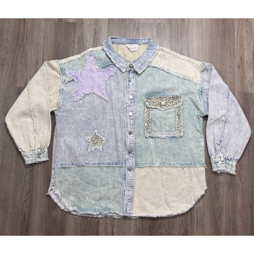 Oli & Hali Patchwork Peace Sign Button-Up Denim Shirt Size M